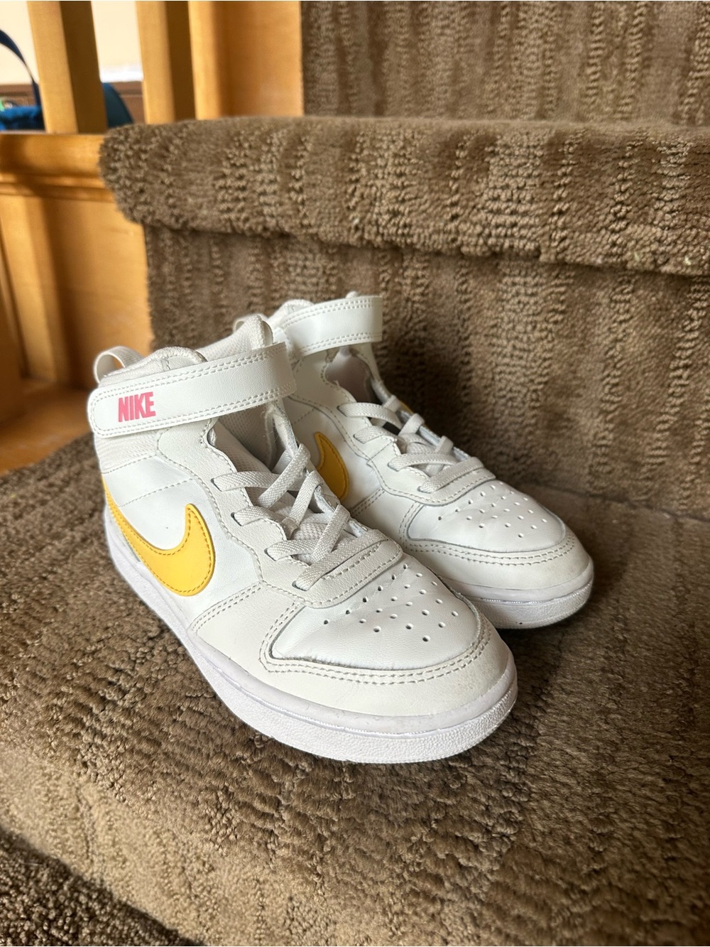 Nike Kids White High-Top Sneakers with Yellow Swoosh and Pink Logo